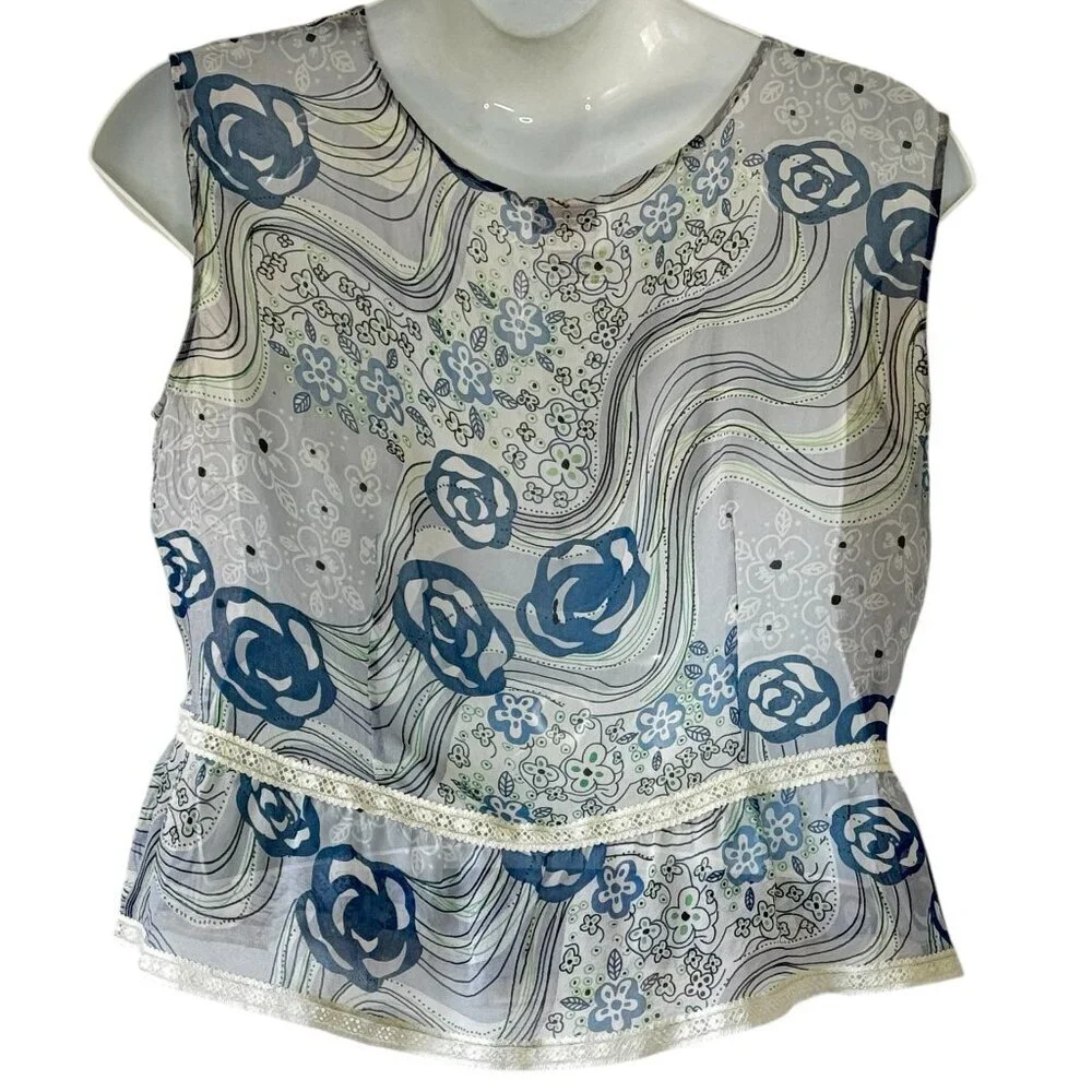 Tess Silk Vintage Top Button Front Sleeveless Lace Detail Peplum Blue White XL - Picture 3 of 5